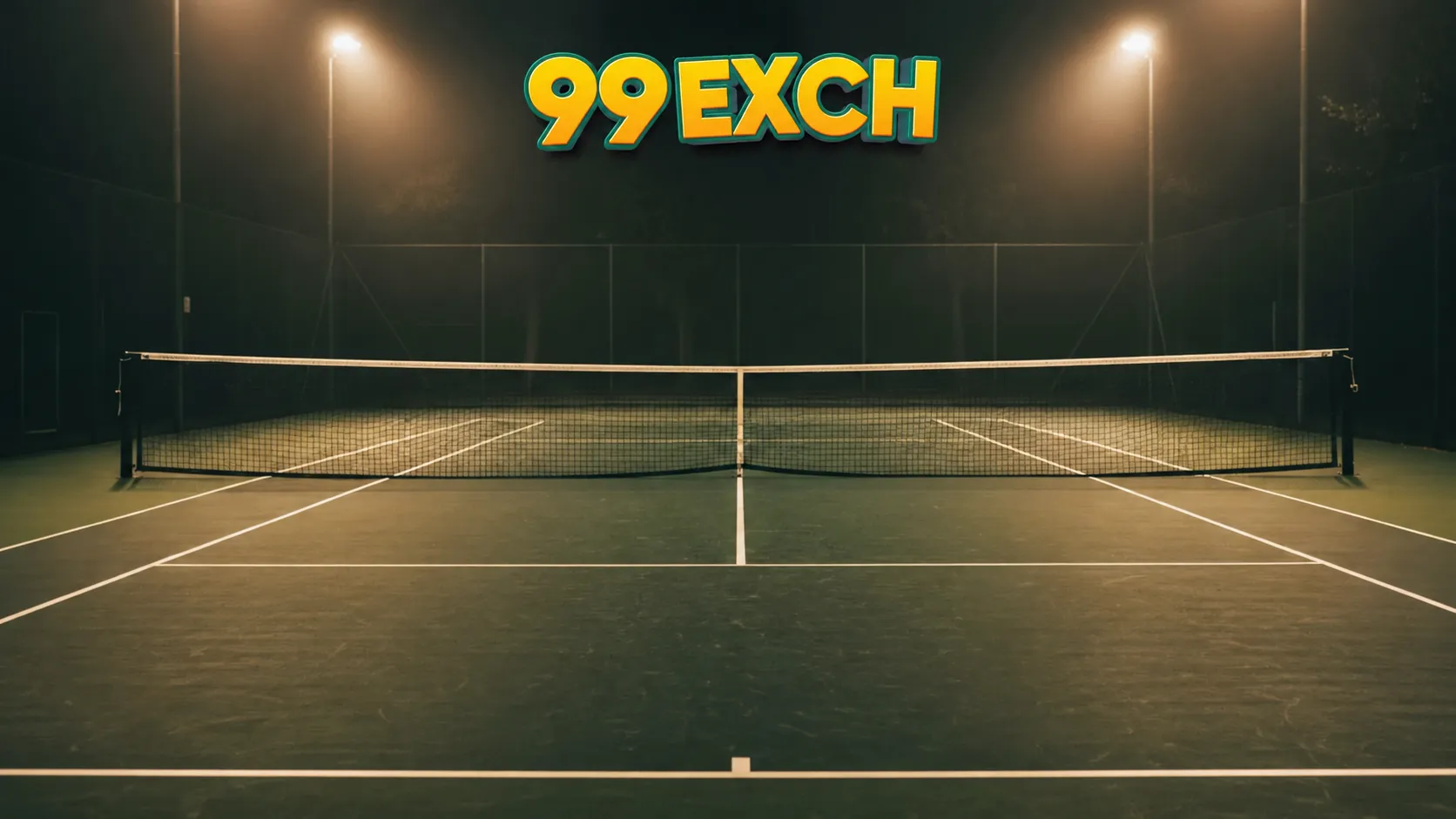 Tennis court with live score and market interface displayed